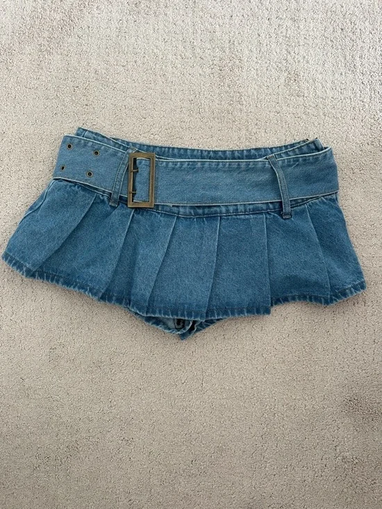 Edikted Blue Denim Pleated Mini Skort with Belt - Picture 1 of 4